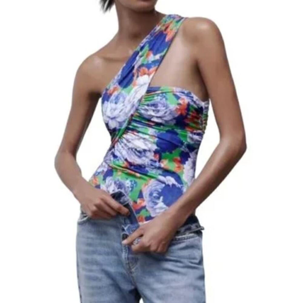 NWT Zara Floral Ruched Top One Shoulder Bodysuit • Size S ⬇️